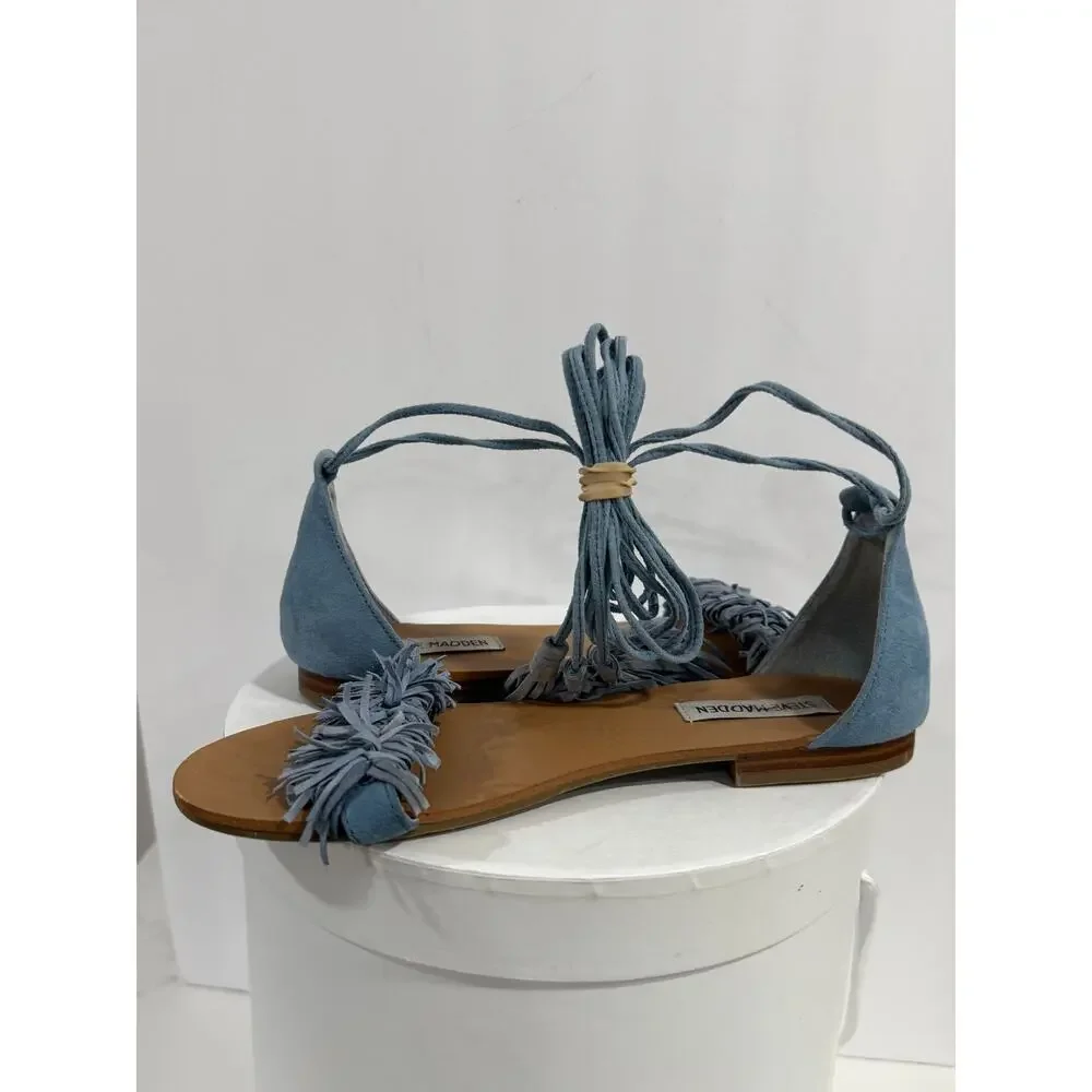Steve Madden Sweetyy Blue Suede Fringe Lace Up Gladiator Sandals US 7 Ankle Wrap